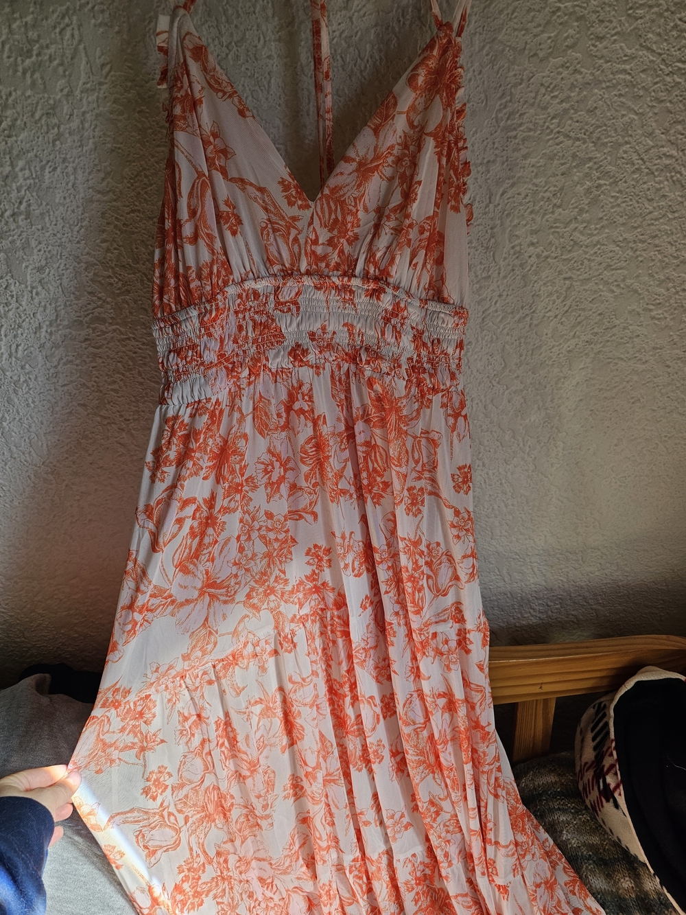 Floral Print White and Orange Summer Maxi Dress